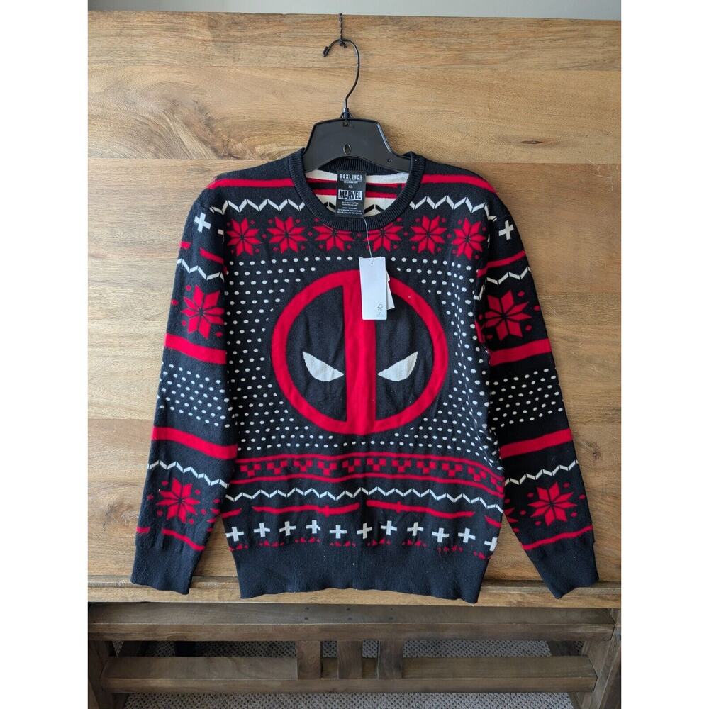 Marvel Deadpool Holiday Sweater Womens XS Black Red Logo Patterned Christmas